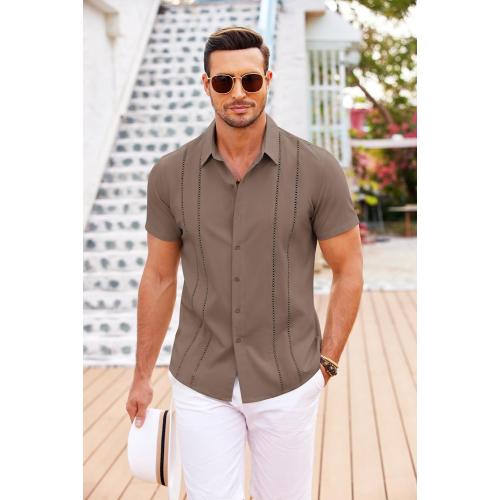 COOFANDY Men's Cuban Guayabera Shirt Short Sleeve Button Down Shirts Casual Summer Beach Linen Shirts (XL)