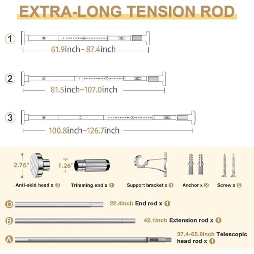 Silver Tension Curtain Rod 41-126In(4-10Ft), Long Outdoor Curtain Rod No Drilling for Window or Patio, Heavy Duty Shower Rod for Bathroom,Rod Diameter 1.26In-One-bond stretching