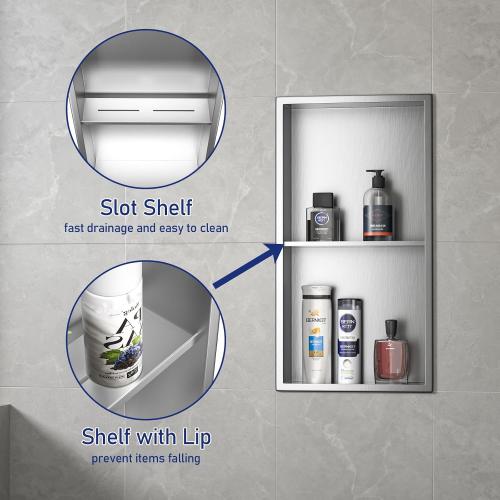 Stainless Steel Shower Niche 24 X 12 Brushed No Tile Needed Wall Niche Double Shelves Recessed Shower Shelf for Bathroom Storage Over Mount Installation