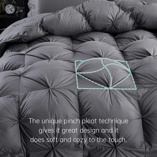 Three Geese Pinch Pleat Waterfowl Feathers and Down Comforter King Size Duvet Insert,750  Fill Power,1200TC 100% Cotton, Premium All Seasons Gray Warm Hotel Comforter with 8 Tabs.