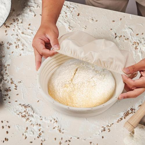 Banneton Bread Proofing Basket Banneton Basket Set Sourdough Proofing Basket Round Proofing Bowls Handmade Rattan Baskets and Liners (Round 9 inch Baking Set)