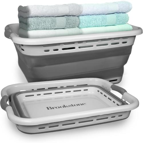 BROOKSTONE 11 GALLON XL 24 Collapsible Laundry Basket & Clothes Hamper, Comfort Non-Slip Handles, Modern Laundry Hamper with Space Saving Design, Portable Pop-Up Hamper, BPA FREE, Light Grey, 1 Pack