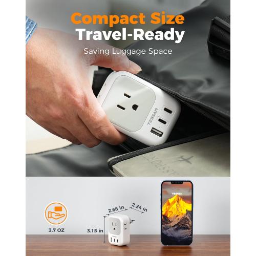 TESSAN Switzerland Travel Plug Adapter, Type J Switzerland Power Adapter with 4 Outlets 3 USB (2 USB-C), Swiss Plug for US to Rwanda Jordan Liechtenstein Madagascar, Travel Essentials