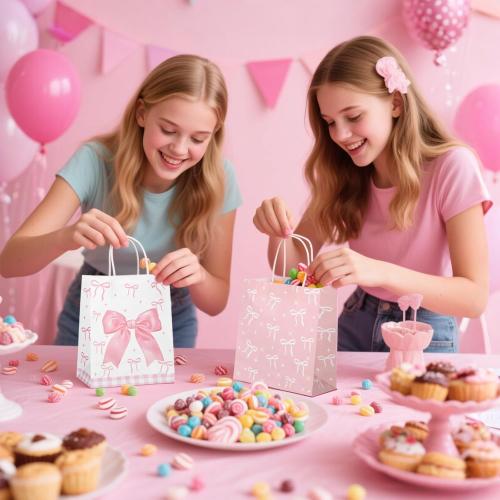 Maahongh 24 Pcs Bow Pink Party Favor Bags with Handle, Small Pink Gift Bags Goodie Bag Bow Themed, Cute Bowknot Candy Treat Bag Mother'S Day Birthday Party Favors Supplies