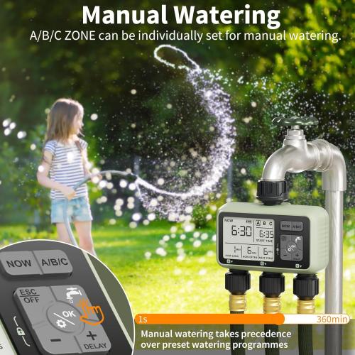 Diivoo 3 Zone Sprinkler Timer, Water Timer 3 Outlet for Garden Hose, Programmable Automatic Irrigation Timer IP54 with Rain Delay and Manual/Auto Mode Watering for Lawn, Yard, Pool, Green, HCT-378
