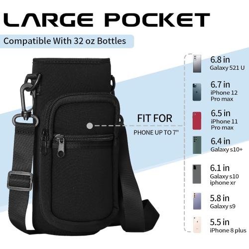 Black Water Bottle Carrier with Shoulder Strap for 32oz Water Jugs, Water Bottles Holder Bag with Phone Pouch Pockets for Camping& Travelling-The Perfect Flask Accessory