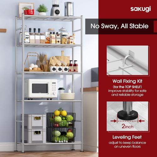 Sakugi Storage Shelves - 5 Tier Shelf Organizer, Heavy Duty Garage Shelving Unit with Leveling Feet, Stable Metal Shelves Organizer for Pantry, Kitchen and Closet, 33.0 W x 12.6 D x 72.0 H, Silver