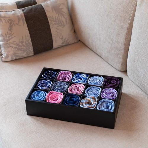 GOBAM Bamboo Closet Drawer Organizer, 15 Compartments - Drawer Divider & Storage Box for Ties, Bras, Briefs, Socks & Jewelry - Storage Organizer for Dressing Room & Bedroom - Black