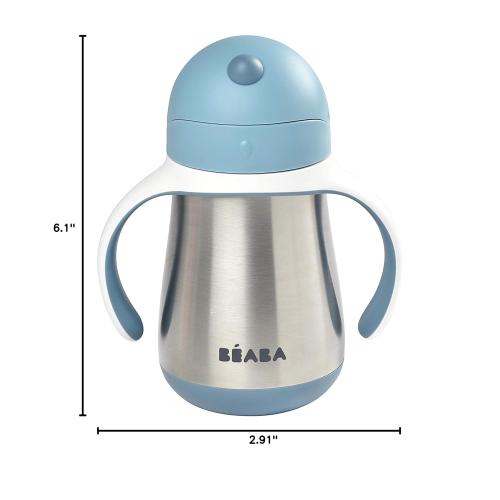 Beaba Stainless Steel Straw Sippy Cup, Insulated Toddler Cups Spill Proof with Removable Handles, Made with High Grade Stainless Steel, 8  months, 8.5 oz (Rain)