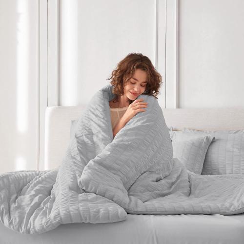 Light Grey Queen Size MUXHOMO 7 Pieces Queen Comforter Set, Seersucker Bed in a Bag Queen Size, All Season Luxury Bedding Set with Comforter, Flat Sheet, Fitted Sheet, Pillowcases & Shams, Light Grey