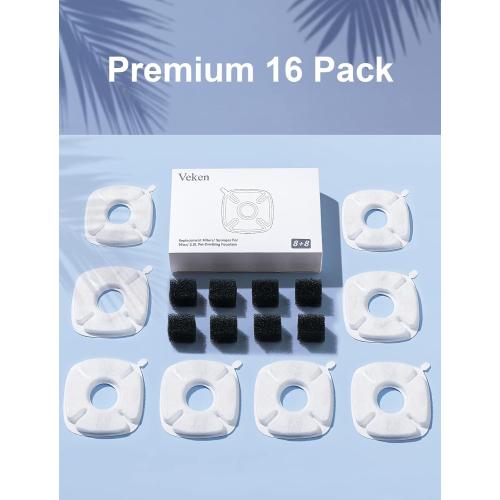 Veken Cat Water Fountain Filter, Classic 8 Pack Replacement Filters & 8 Pack Replacement Pre-Filter Sponges for 50oz, 84oz, 95oz Automatic Pet Fountain Dog Water Dispenser