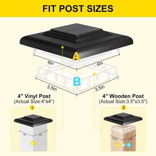 T-SUN 4x4 Solar Post Cap Lights, Fence Post Solar Lights Fit for 4x4 Vinyl Wooden Posts, IP65 Waterproof Outdoor Lighting for Stairs Step, Deck, Patio, Garden (6 Packs, Black, Warm/Cool White)