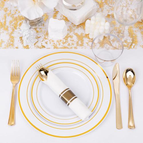 WELLIFE 350-Piece Gold Disposable Plates and Cutlery Set - Premium 10.25 Dinner Plates, 7.5 Dessert Plates, 9oz Cups & Cutlery for Weddings, Catering Events - 50 Guest Service - Elegant & Sturdy