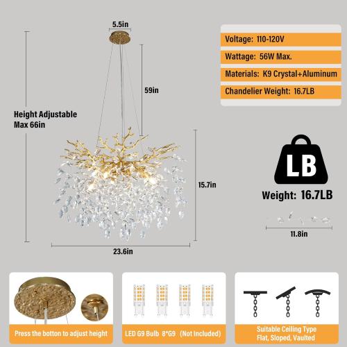 YUYI 23.6 Modern Gold Tree Branch Crystal Chandelier, 8-Light Round Raindrop Pendant Lighting for Dining Room Living Room Bedroom Kitchen Foyer Entryway, Luxury K9 Crystal Statement Light Fixture