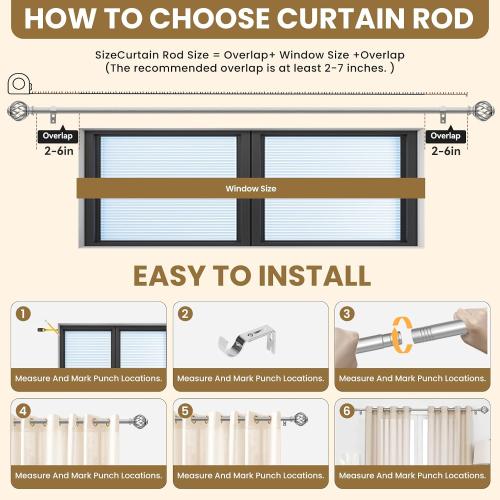 Luvenia Silver Decorative Curtain Rods,Adjustable Curtain Rod For Windows 30 to 60 Inch(2.5-5Ft),Curtain Rod For Bedroom, Living Room,Kitchen,Farmhouse