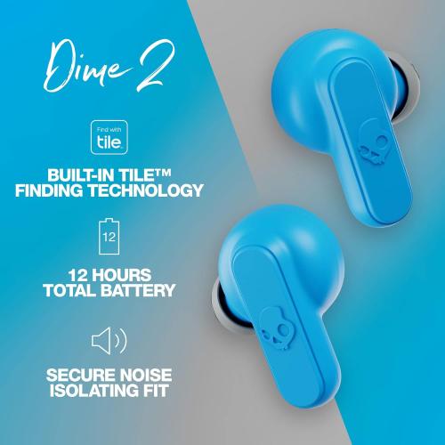 Skullcandy Dime 2 Wireless Earbuds, Bluetooth Headphones, Noise Isolating Fit, Up to 12 Hours Battery, Microphone for iPhone Android, Easy Carry with Integrated Lanyard - Light Grey/Blue