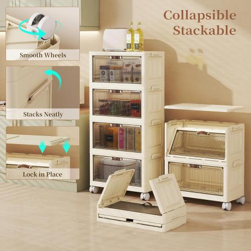 WHITE 5 Tier - 48QT Storage Bins with Lids, Collapsible Storage Bins with Doors and Wheels, Plastic Storage Cabinet for Easy Storage and Organization for Living Room, Office