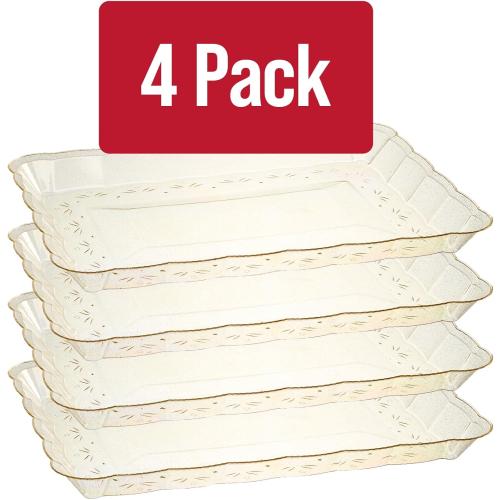 Plasticpro Plastic Serving Trays - Serving Platters Rectangle 9X13 Disposable Gold Glitter Party Dish Includes 4 Trays
