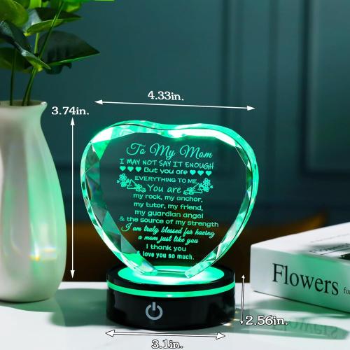 YWHL Gifts for Mom from Daughter Son Moms Mother's Day Birthday Gifts Crystal Unique to My Mom Heart Keepsakes Gift for Mother with Colorful LED Base