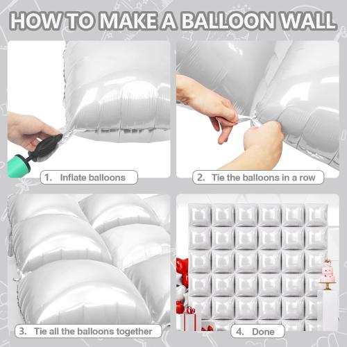 NISOCY 36PCS White Square Foil Balloons Wall Backdrop Double Sided Pearl White Balloons Tunnel Arch Kit for Birthday Wedding Engagement Bridal Baby Shower Party Decoration