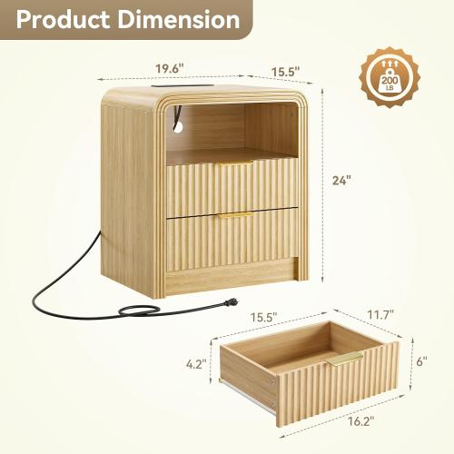 Size 19.7 Color brown Fluted Nightstand with Charging Station, 19.7'' Wide Morden End Table with USB/Type-C Ports, 2 Drawers & Open Shelf, Curved Profile Design, Wood Bedside Table for Bedroom (Natural Oak)