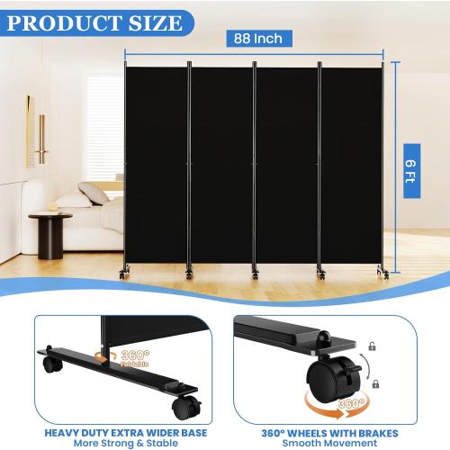 Room Divider 6FT Folding Privacy Screens with Lockable Wheels, 4 Panel Room Partition for Room Separator, 88 W Freestanding Portable Fabric Wall Dividers for Home Dorm Studio Office, Black