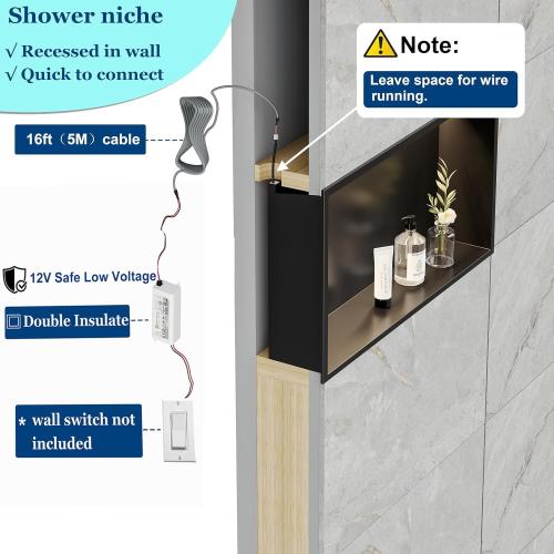 Neodrain LED Shower Niche, 24X12 Matte Black Recessed Wall Niche, Tile Ready Stainless Steel Bathroom Niches with 3000K Led Light, IP66 Waterproof, No Tile Needed