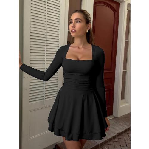 Size XL....K aximil Women's Square Neck Ruffle Hem Mini Dress Ruched Waist Long Sleeve Corset Short Party Dresses