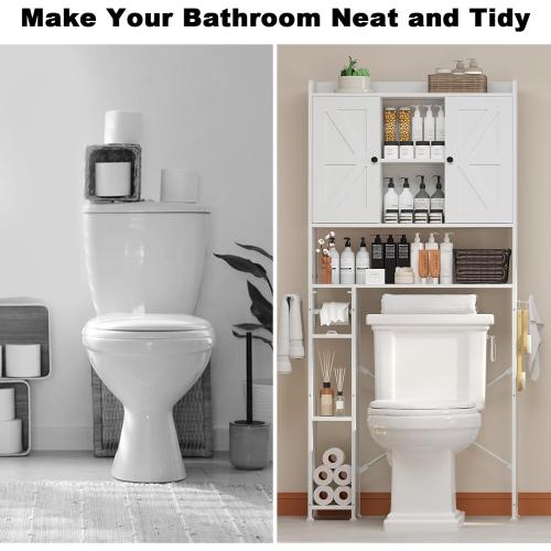 32W Over The Toilet Storage Cabinet with Metal Frame and 7 Storage Shelves, Bathroom Organizer with Adjustable Shelves and Paper Holder, Farmhouse Storage Cabinet for Bathroom, Laundry, White