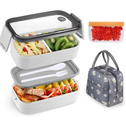 White and Grey NatraProw Bento Box For Adult, Leakproof Adult Lunch Box Kit With Detachable Divider, Lunch Bag, Snack Bag, Stackable Adult Microwave Safe Bento Box Lunch Container(White)