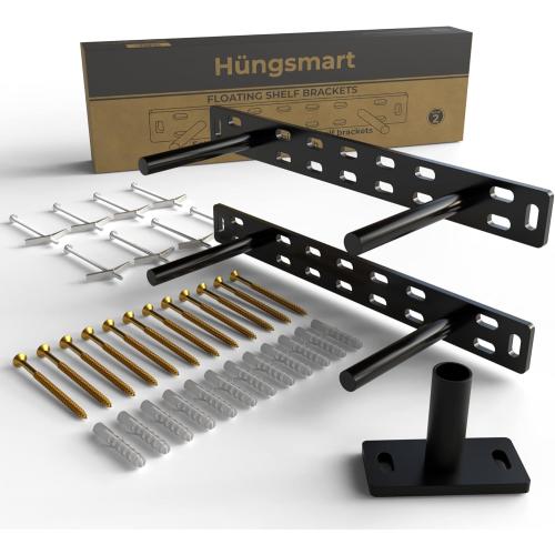 Set of 2 Floating Shelf Brackets 11 inch Multiple Mounting Location Baseplate/Heavy Duty Black Painted Mild Steel Bracket Hidden Wall Shelves Support Hardware Mount Kitchen/Nursery Decor (4 inch Rods)