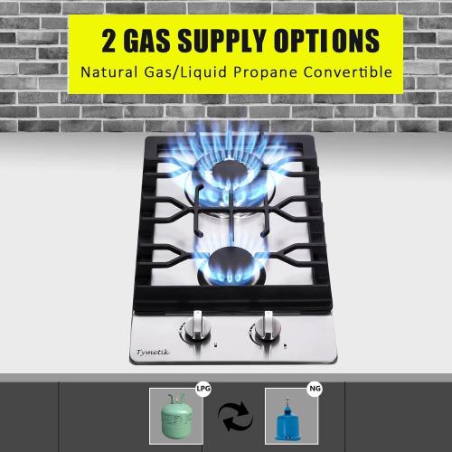 Gas Cooktop 12 Inch, 2 Burners Gas Stovetop Built-in Stainless Steel Gas Stove Dual Fuel LPG/NG Convertible Gas Hob for RVs, Apartments, Outdoor