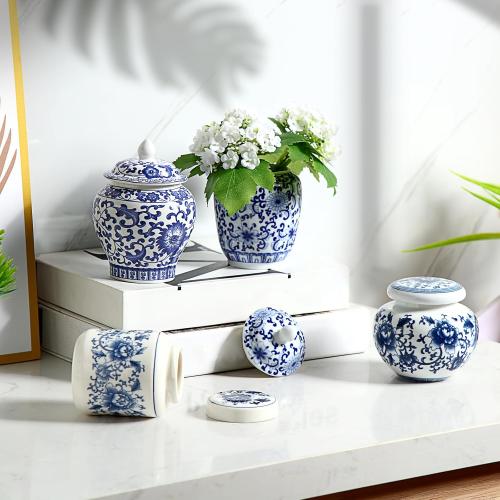 4 Pcs Small Blue and White Vase Ceramic Small Ginger Jar with Lid Porcelain Vases Chinoiserie Decor Chinese Ginger Jars for Home Bedroom Tabletop Decor Table Accent Shelf (Classic Style)