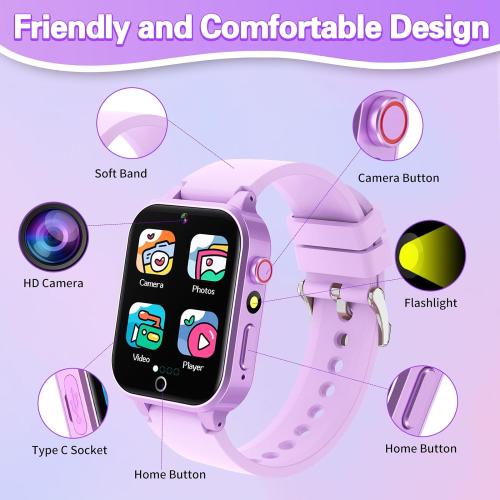 Color Pink Vakzovy Kids Smart Watch Girls Gift for Girls Age 6-12, HD Touchscreen Kids Watch with 26 Games Camera Video Music Player Pedometer Educational Toys Christmas Birthday Gifts 5 6 7 8 9 10 Year Old