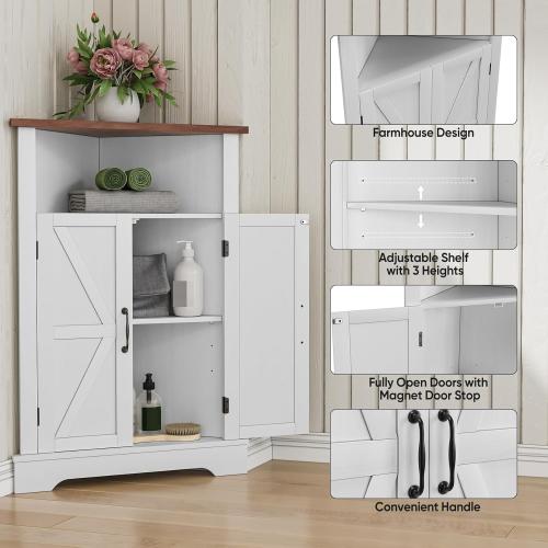 Bathroom Corner Cabinet,Farmhouse Floor Corner Cabinet with Doors and Adjustable Shelves, Freestanding Wooden Storage Hutch Cupboard for Bathroom, Kitchen, Living Room, White
