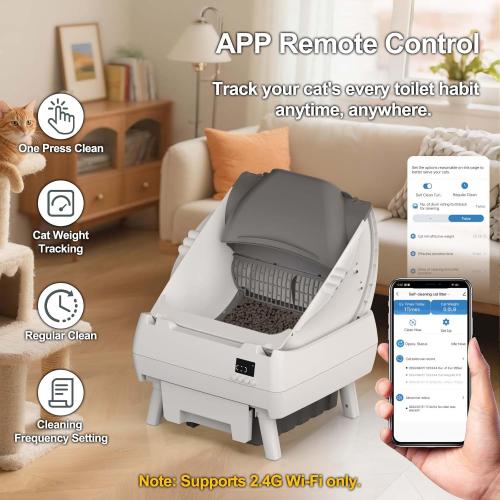 Automatic Cat Litter Box Self Cleaning - App Control, Open-Design, Smart Health Monitor, Suitable for Medium Cats and Kittens, Anti-Pinch Safety, Quiet Operation - Light White
