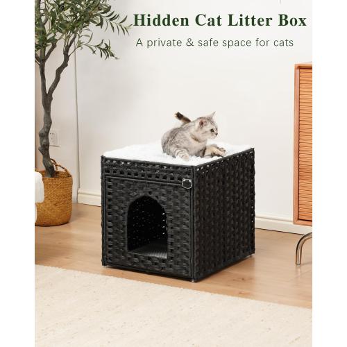 SETVSON Cat Litter Box Enclosure Furniture, Hidden PE Rattan, Black | PE Rattan Kitty House with Top Fence, Fits Standard Litter Box, Included Litter Mat, 2 S-Hooks, Sturdy Metal Frame