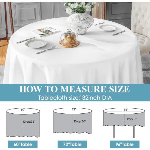 VidaFete Round Tablecloth 132inch 6pack Polyester Table Cloth, Stain Wrinkle Resistant Polyester Dining Table Cover for Kitchen Dinning Party Wedding Rectangular Tabletop Buffet Decoration(White)