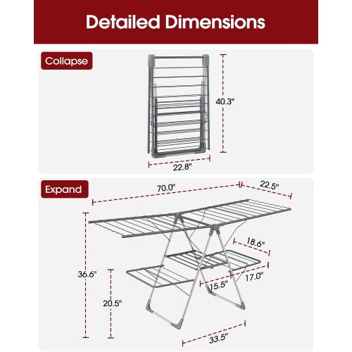 Sakugi Clothes Drying Rack, Foldable 2-Level Laundry Drying Rack with Height-Adjustable Wings, for Clothing & Bedding, Free-Standing Space-Saving Rack, Indoor & Outdoor, 70 L × 22.8 W, Gray