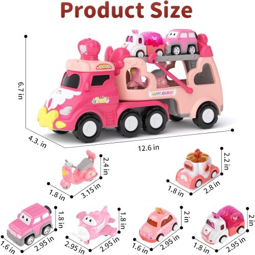 Toddler Girl Truck Toys for 2 3 Year Old Girl Birthday Gifts, 7-in-1 Pink Princess Car Transport Carrier Trucks for Toddlers 2-4, Friction Power Toy Cars with Lights & Music, My daughter First Gift