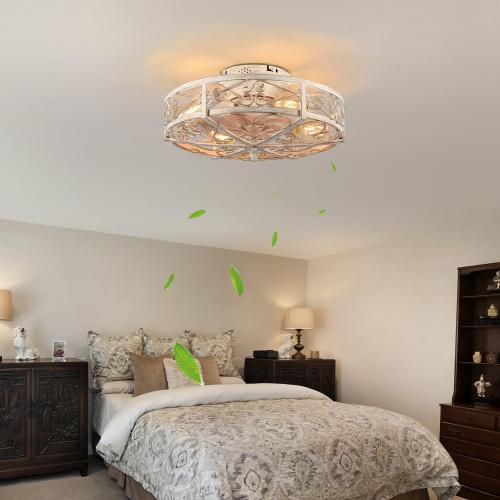 Size 20 Caged Ceiling Fan with Light,Vintage Rustic Farmhouse Kitchen Decor,Bladeless Ceiling Fans with Lights and Remote,Low Profile Fan for Bedroom,Reversible 6 Speeds Motor,4 E26 Bulbs Included