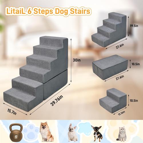 30 Inch Dog Stairs&Steps- 6 Steps for High Beds 30-36 High, Non Slip Foam Ramp for Small Dogs/Cats & Older Pets Grey