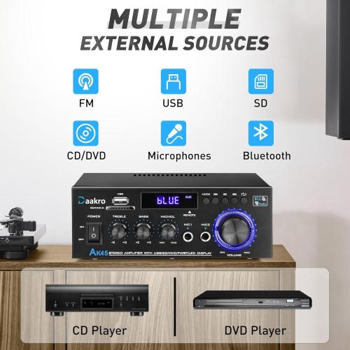 AK45 Stereo Audio Amplifier,300W Home 2 Channel Wireless Bluetooth 5.0 Power Amplifier System, Home Amplifiers FM Radio, USB, SD Card, with Remote Control Home Theater Audio Stereo System