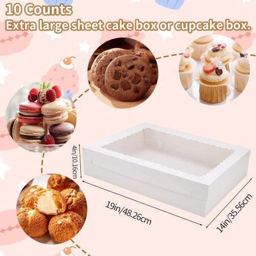 10 Sets Sheet Cake Boxes with Lids, Large 19x14x4 Inch Rectangle Quarter Sheet Cake Boxes with Window for Bakery Cakes Package