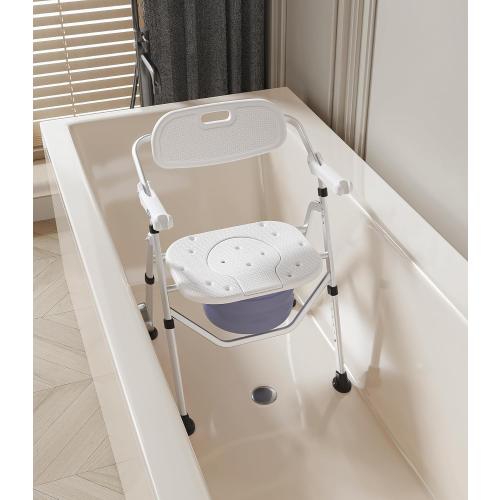 VOCIC Folding Shower Chair for Inside Shower, Lab-Tested 300lbs Heavy Duty Shower Seat for Elderly & Disabled, Flip-Up Arms, Cutout Seat, Height Adjustable Back & Legs, Portable Shower Commode Chair