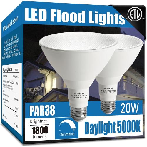 Gonhom Par38 led Flood Lights Outdoor Light Bulb,Dimmable 1800LM,20W Replace up to 200W,Outdoor Flood Light Bulbs for Backyard,Garage,Porch,Garden,2 Pack 5000K Daylight