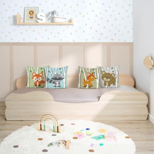 Bonhause Forest Animal Pillow Covers 18x18 Set of 4 Deer Fox Bear Raccoon Decorative Throw Pillowcases Polyester Linen for Sofa Couch Kids Classroom Decor