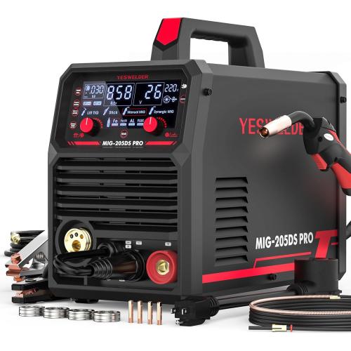 YESWELDER 205A MIG Welder, 110V/220V Dual Voltage, 5 in 1 Gas MIG/Flux Core MIG/Spool Gun MIG/Lift TIG/Stick Multiprocess LED Digital Display Aluminum MIG Welding Machine MIG-205DS PRO