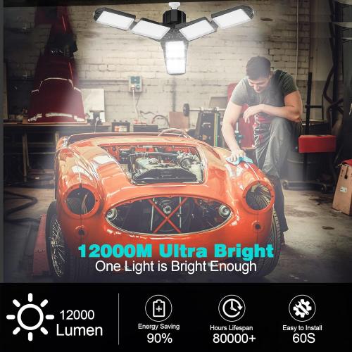 LED Garage Light, 120W, 12000LM, 3 3 Adjustable Panels, Black, Ceiling