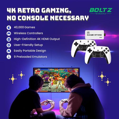 White Boltz Retro Stick Gaming Stick – Retro Gaming Console with 40,000  Classic Video Games, 9 Emulators, 128GB Storage, Plug & Play 4K HDMI Output, Includes 2 Wireless 2.4GHz Controllers